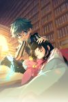  1boy 1girl aqua_neckwear bangs black_hair blanket blue_eyes blue_hair blurry blush book book_stack bookshelf bow bowtie chin_rest cis05 closed_mouth commentary_request depth_of_field desk_lamp eyes_closed facial_mark fate/extra fate/extra_ccc fate_(series) forehead_mark glasses hand_on_another&#039;s_head hans_christian_andersen_(fate) indoors lamp long_sleeves open_book parted_bangs petting puffy_sleeves sesshouin_kiara sleeping tattoo wavy_hair 