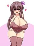  1girl blush breasts brown_hair cameltoe cleavage collarbone curvy erect_nipples female gigantic_breasts hair_ornament kantai_collection kisaragi_(kantai_collection) long_hair looking_at_viewer moyashi_udon open_mouth panties plump red_eyes simple_background smile solo standing thick_thighs thigh_gap thighhighs underwear white_panties wide_hips 