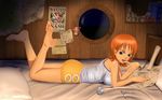  1girl bare_legs barefoot bed bedroom brown_eyes feet female finger_to_mouth indoors katzueki lying nami_(one_piece) night on_stomach one_piece orange_hair short_hair signature solo toes tony_tony_chopper wanted_poster 
