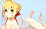  1girl ahoge ass barefoot blonde_hair breasts cleavage fate/extra fate_(series) feet green_eyes hair_bun large_breasts long_hair looking_at_viewer lying nero_claudius_(fate)_(all) on_stomach scathegrapes smile soles toes 