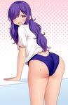  1girl ass blush breasts from_behind hair_over_one_eye long_hair looking_at_viewer open_mouth original purple_hair red_eyes sakaura_(layer255) school_swimsuit shiny shiny_hair shirt smile solo swimsuit 