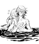  1boy 1girl artist_request black_&amp;_white camilla_(fire_emblem_if) fire_emblem fire_emblem_if hug hug_from_behind ishiwari kamui_(fire_emblem) monochrome my_unit_(fire_emblem_if) nintendo partially_submerged 