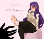  1girl barefoot blush doki_doki_literature_club feet hair_ornament hairclip highres leg_up long_hair looking_away parted_lips purple_eyes purple_hair scathegrapes sitting smile soles sweater toes yuri_(doki_doki_literature_club) 