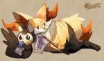  blitzdrachin braixen canid eating emolga fire invalid_tag lying mammal nintendo oran_berry pok&eacute;mon pok&eacute;mon_(species) rodent sitting stick video_games 