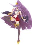 1girl alpina arc_system_works bare_shoulders blazblue blazblue:_central_fiction breasts detached_sleeves hades_izanami long_hair mikado_(blazblue) panties pantyshot purple_hair red_eyes shiny shiny_skin sideboob skirt smile solo thighhighs underwear very_long_hair white_panties 