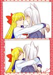  1girl 2koma aino_minako animal_ears arms_around_neck artemis_(sailor_moon) artemis_(sailor_moon)_(human) bishoujo_senshi_sailor_moon blonde_hair blue_sailor_collar blush cat_ears closed_eyes comic french_kiss green_eyes hair_ribbon hetero highres kiss lisginka long_hair personification puckered_lips ribbon sailor_collar school_uniform serafuku shiba_koen_middle_school_uniform signature white_hair 