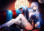  1girl alternate_costume azur_lane bangs belfast_(azur_lane) blue_dress blue_eyes blush braid breasts chains china_dress chinese_clothes collar couch dress eyebrows_visible_through_hair highres knee_up large_breasts long_hair long_sleeves looking_at_viewer panties raiou side-tie_panties sidelocks silver_hair sitting smile solo underwear wide_sleeves 