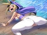  blonde_hair blush brown_eyes cape earrings jewelry looking_back shantae sky_(shantae) torn_clothes wayforward 