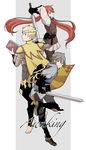  1girl 2boys azur_(fire_emblem) barefoot belt blonde_hair book boots breasts cape eudes_(fire_emblem) fire_emblem fire_emblem_if gloves green_eyes grey_hair lazward_(fire_emblem_if) long_hair luna_(fire_emblem_if) multiple_boys odin_(fire_emblem_if) pants pink_eyes purple_eyes red_hair serena_(fire_emblem) short_hair smile sword twintails weapon 