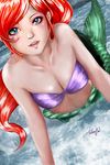  1girl ariel_(disney) blue_eyes breasts cleavage disney futumbo looking_at_viewer mermaid red_hair shell_bikini solo the_little_mermaid water 