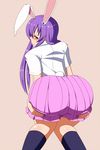  1girl animal_ears ass blush bunny_ears bunny_tail from_behind frown lactone long_hair looking_at_viewer looking_back purple_hair red_eyes reisen_udongein_inaba shiny shiny_hair shiny_skin skirt solo tail touhou 