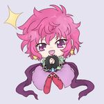  boots breasts chibi earrings frills fur harold_berselius jewelry lipstick makeup open_mouth pink_hair purple_eyes short_hair shorts sparkle tales_of_(series) tales_of_destiny_2 thigh_boots 
