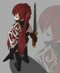  1girl armor belt black_eyes boots fire_emblem fire_emblem_if gloves long_hair luna_(fire_emblem_if) red_hair twintails weapon 