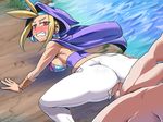  blonde_hair blush brown_eyes cape censored clothed_sex earrings from_behind jewelry looking_back shantae sky_(shantae) torn_clothes vaginal wayforward 