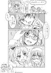  akemi_homura blush braid comic danaka fang glasses greyscale hairband long_hair mahou_shoujo_madoka_magica monochrome multiple_girls ponytail sakura_kyouko school_uniform translation_request 