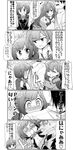  2girls 5koma @_@ ahoge blood blush celebi_ryousangata check_translation comic flower greyscale hair_flower hair_ornament hug ichinose_shiki idolmaster idolmaster_cinderella_girls maekawa_miku monochrome multiple_girls nosebleed open_mouth partially_translated producer_(idolmaster) pushing skirt smile thighhighs translated translation_request 