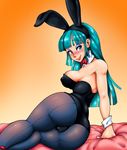  1girl animal_ears artist_request ass blue_eyes breasts bulma bunny_ears bunnygirl bunnysuit dragon_ball female looking_at_viewer pantyhose sitting smile 