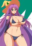  1girl afuro aqua_eyes areola_slip areolae bikini black_bikini black_swimsuit blush breasts cameltoe cape cleavage curvy detached_sleeves erect_nipples faris_scherwiz female final_fantasy final_fantasy_v hat huge_breasts long_hair looking_at_viewer navel open_mouth purple_hair shiny_skin solo standing string_bikini swimsuit underboob very_long_hair wide_hips witch_hat 