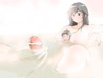  1boy 1girl bath blush breasts brown_eyes brown_hair censored erection futanari giantess large_breasts large_penis long_hair panah penis size_difference skirt smile 