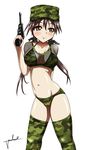  1girl bikini black_hair blush breasts brown_eyes female gertrud_barkhorn hat large_breasts navel ribbon solo strike_witches swimsuit thighhighs twintails vavaloa weapon 