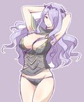  1girl armor breasts camilla_(fire_emblem_if) cleavage fire_emblem fire_emblem_if hair_ornament hair_over_one_eye long_hair panties purple_background purple_eyes purple_hair shougayaki_(kabayaki_3) simple_background smile underwear 