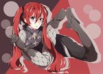  armor bad_id bad_pixiv_id fire_emblem fire_emblem_if gloves hair_between_eyes hair_ribbon highres long_hair looking_at_viewer luna_(fire_emblem_if) lying on_stomach polka_dot polka_dot_background red_eyes red_hair ribbon shayuheisi solo twintails very_long_hair 