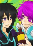  1boy 1girl black_hair fur harold_berselius jacket judas pink_eyes pink_hair purple_eyes short_hair smile tales_of_(series) tales_of_destiny_2 