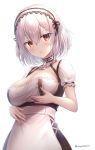  1girl anchor azur_lane bangs blush breast_lift breasts choker cleavage collarbone dress eyebrows_visible_through_hair hair_between_eyes hairband head_tilt lace-trimmed_hairband large_breasts looking_at_viewer parted_lips puffy_sleeves red_eyes ribbon short_hair short_sleeves sidelocks simple_background sirius_(azur_lane) solo suya2mori2 white_background white_hair 