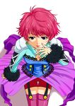  boots breasts earrings fur harold_berselius jewelry lipstick makeup pink_hair purple_eyes short_hair shorts tales_of_(series) tales_of_destiny_2 thigh_boots 