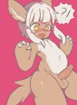  anthro blush brown_fur conditional_dnp crybleat cub digital_media_(artwork) erection fur hair hi_res humanoid_penis kemono lagomorph looking_at_viewer made_in_abyss male mammal nanachi narehate open_mouth penis rabbit solo thick_thighs whiskers white_hair yellow_eyes young 