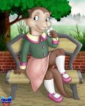  2015 5_fingers anthro bench better_version_at_source brick_wall brown_fur clothed clothing cub detailed_background digital_media_(artwork) eyelashes female flower fur holding_flower holding_object looking_aside mammal mustelid onzeno otter ottoline_otter outside plant rupert_bear skirt smile solo whiskers young 