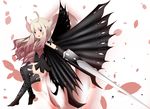  1girl anne_(bravely_second) antenna_hair artist_request ass blue_eyes blush bravely_default:_flying_fairy bravely_second brown_hair butterfly_wings fairy flower gloves gradient_hair leotard multicolored_hair petals platinum_blonde pointy_ears smile solo sword thighhighs weapon wings 