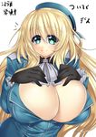  atago_(kantai_collection) blonde_hair breast_suppress breasts cleavage green_eyes hat huge_breasts kantai_collection long_hair rei_shabu uniform 