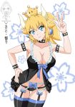  1girl bare_shoulders blonde_hair blue_eyes bowsette bracelet breasts cleavage collar crown earrings horns jewelry large_breasts lingerie mario_(series) nail_polish new_super_mario_bros._u_deluxe nightgown nintendo pointy_ears solo spiked_bracelet spiked_collar spikes super_crown thighhighs underwear 
