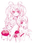  3girls breasts dress eyes_closed flower fur harold_berselius long_hair monochrome multiple_girls nanaly_fletch one_eye_closed open_mouth pink reala short_hair short_shorts shorts smile tales_of_(series) tales_of_destiny_2 twintails wink 