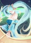  1girl artist_name blue_dress blue_hair breasts cleavage dress female instrument large_breasts league_of_legends long_hair long_sleeves multicolored_hair nanoless solo sona_buvelle twintails 