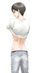  1boy abs blush brown_hair eren_yeager looking_at_viewer male_focus muscle shingeki_no_kyojin short_hair solo underwear undressing yuno_(yn_s87) 