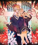  1boy 1girl art_nouveau blonde_hair brown_hair calf_socks diabolik_lovers eyes_closed fingers fire hair_ornament hairpin hand_holding hands_on_another&#039;s_chest hands_on_another&#039;s_head hands_on_another's_chest hands_on_another's_head komori_yui long_hair mukami_yuma necktie otsukaresanpo panties ponytail school_uniform sharp_nails skirt underwear uniform wristband 