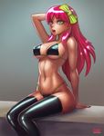  arm_support arm_up bikini black_bikini bow breasts dark_arts_kai green_eyes hair_bow long_hair looking_at_viewer navel open_mouth original pink_hair sitting solo stomach swimsuit thighhighs 