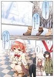  black_hair check_translation coat comic highres long_sleeves multiple_girls open_mouth original outdoors red_hair sapporo_tv_tower short_hair skirt snowman translation_request trembling wavy_mouth yume_no_owari 