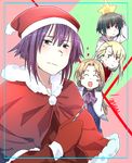  altena black_hair blonde_hair blush chloe_(noir) christmas eyes_closed gloves long_hair mireille_bouquet multiple_girls noir purple_hair santa_hat short_hair sleeveless_turtleneck yuumura_kirika 