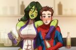  alcohol breasts female_superhero green_hair green_skin lowres marvel muscles she-hulk spider-man thighs 