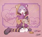  animal_ears bags_under_eyes bear_ears blood calf_socks candy child diabolik_lovers eyepatch fangs halloween hat hood hoodie looking_at_viewer male_focus open_mouth purple_eyes purple_hair ribbon roi sakamaki_kanato shoes shorts shota sitting solo striped_legwear stuffed_animal stuffed_toy sweets teddy_(diabolik_lovers) teddy_bear vampire witch_hat younger 