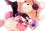  1boy arms_up bags_under_eyes bow bowtie collarbone diabolik_lovers eyepatch flower legs_crossed looking_at_viewer male_focus open_mouth oversized_object purple_eyes purple_hair raised_eyebrows sakamaki_kanato solo stuffed_animal stuffed_toy sweater teddy_(diabolik_lovers) teddy_bear unbuttoned white_background 