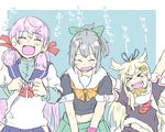  &gt;_&lt; :d ^_^ ^o^ akashi_(kantai_collection) arms_up bangs blonde_hair blush bow closed closed_eyes comic grey_hair hair_bow hair_flaps hair_ornament hair_ribbon hairclip heidi_(gray_all) hip_vent kantai_collection long_hair long_sleeves midriff multiple_girls neckerchief open_mouth orange_neckwear pink_hair ponytail red_neckwear remodel_(kantai_collection) ribbon scarf school_uniform serafuku short_sleeves smile teeth translated tress_ribbon upper_body yuubari_(kantai_collection) yuudachi_(kantai_collection) 