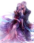  1girl blood christa_(diabolik_lovers) death diabolik_lovers dress elbow_gloves eyes_closed gloves hair_over_one_eye hand_on_another&#039;s_head hand_on_another's_head knife long_hair looking_at_viewer mother_and_son otsukaresanpo red_eyes sakamaki_subaru simple_background sitting white_background white_clothes white_dress white_hair 