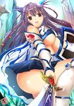  1girl bare_shoulders braid braids breasts cleavage female greaves happy large_breasts long_hair looking_at_viewer miracle_hoshi open_mouth purple_hair red_eyes rose_eyes smile solo sword underboob 