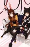  2girls animal_ears black_hair blake_belladonna blush book brown_hair bunny_ears high_heels multiple_girls rwby sitting sofa velvet_scarlatina 