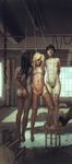  3girls artist_request asphyxiation ass barefoot black_hair blonde_hair boot breasts clothed_male_nude_female dark_skin execution feet from_behind guro hanged hanging indoors multiple_girls nude peeing pubic_hair pussy rope saliva short_hair small_breasts uncensored 