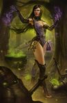  1girl black_hair breasts cauldron cleavage female large_breasts leather long_hair magic realistic solo sword thighs voodoo_doll witch 